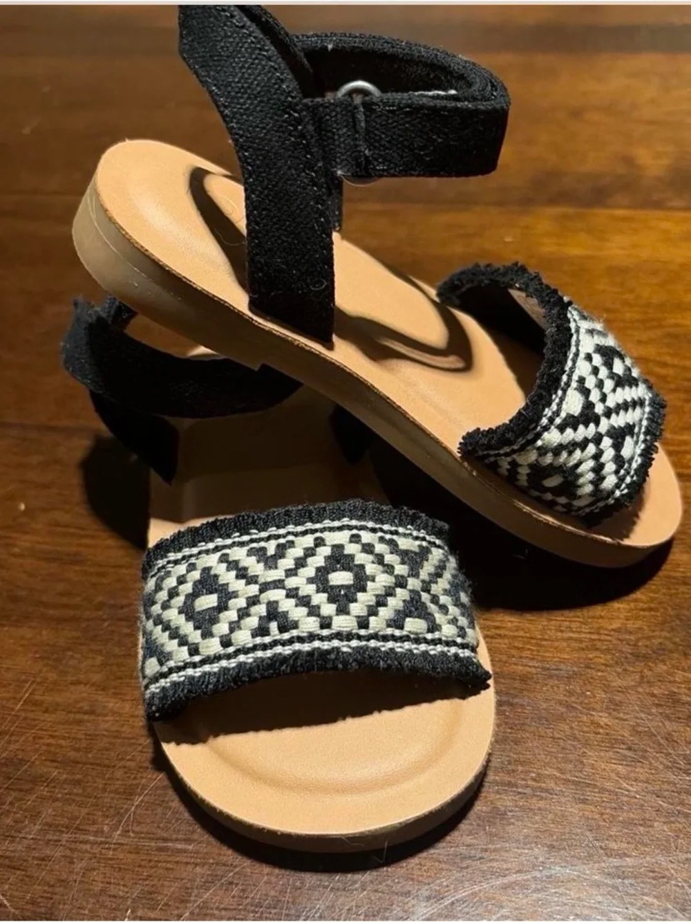 Toms Kids Black Strappy Sandals with Woven Cream Accent